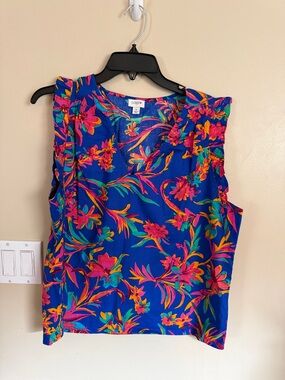 J. Crew Blue Floral Ruffle Shoulder Tank
